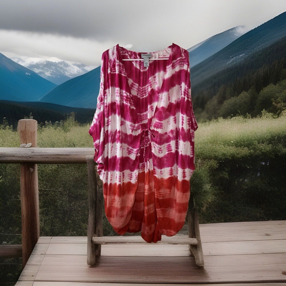 2X/3X Catherines Cool Hippie Pink N Orange Tie Dyed Shell Coverup Or Duster - Picture 1 of 10